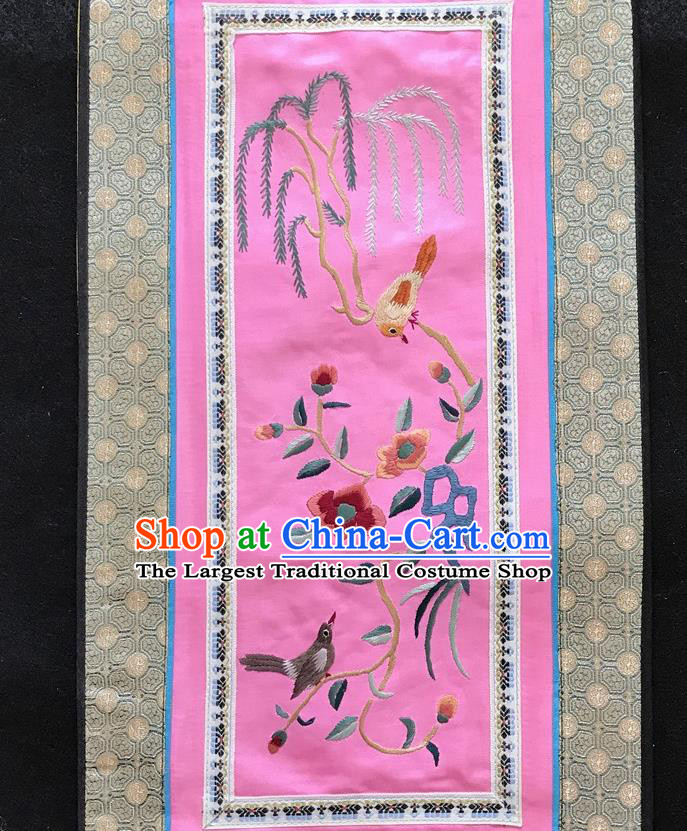 Chinese National Embroidered Willow Birds Paintings Traditional Handmade Embroidery Decorative Pink Silk Picture Craft