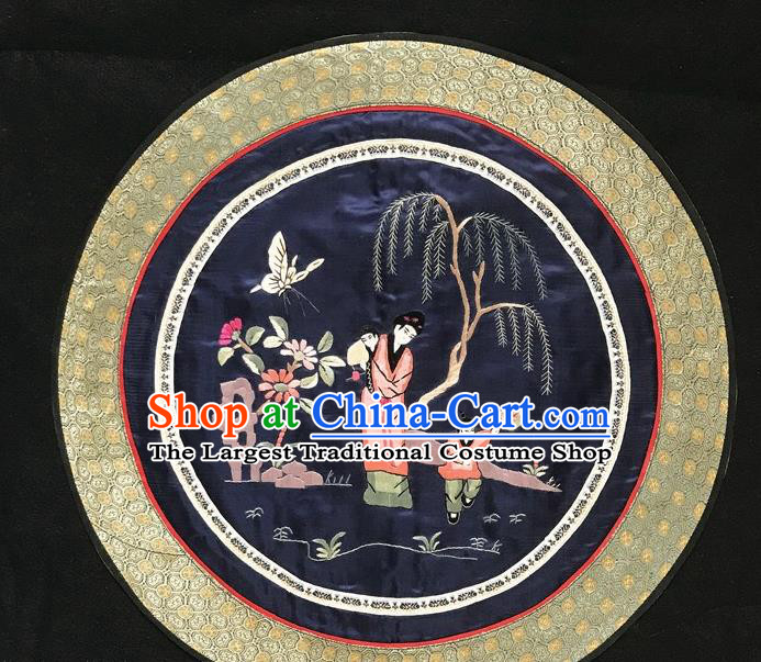 Chinese National Embroidered Round Paintings Traditional Handmade Embroidery Decorative Navy Silk Picture Craft