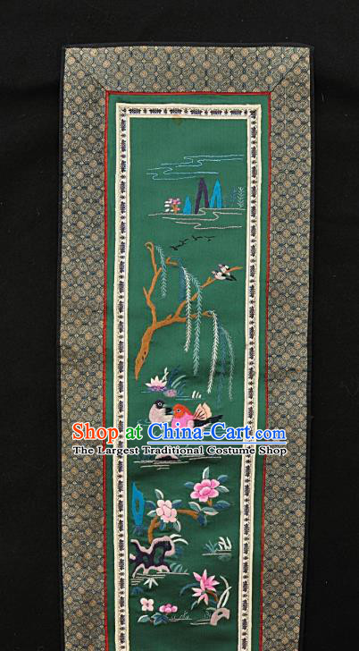 Chinese National Embroidered Pink Mandarin Duck Green Silk Painting Traditional Handmade Embroidery Craft Embroidering Decorative Wall Picture