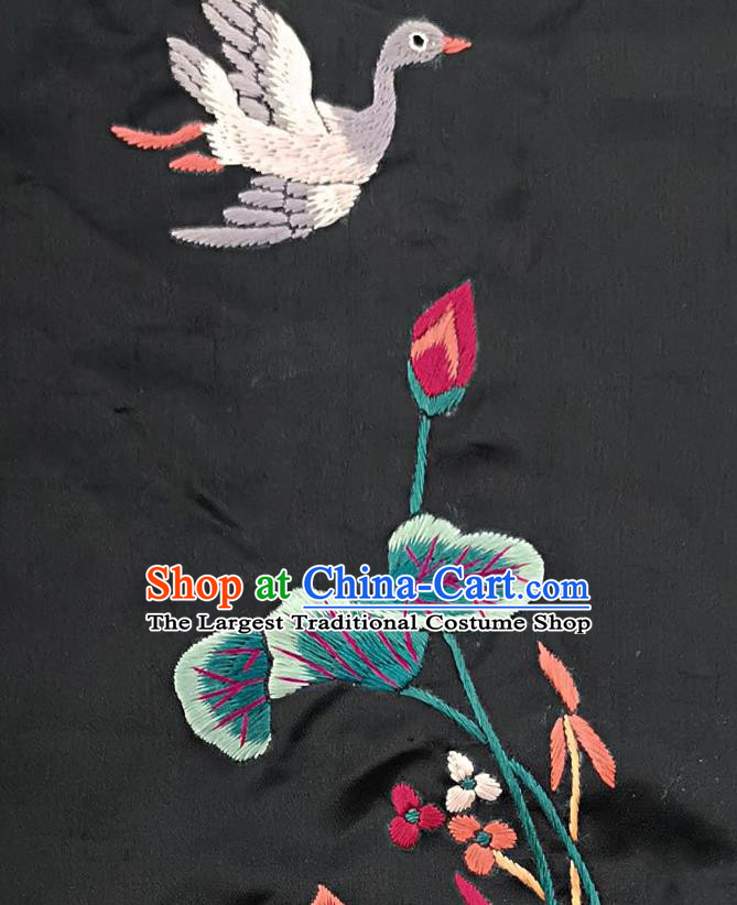 Chinese National Embroidered Swan Lotus Black Silk Painting Traditional Handmade Embroidery Craft Embroidering Decorative Wall Picture