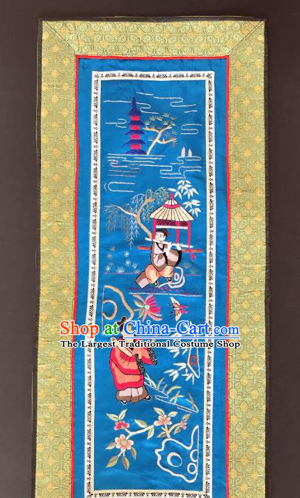 Chinese National Embroidered Eight Immortals Blue Silk Painting Traditional Handmade Embroidery Craft Folding Screen Decorative Picture