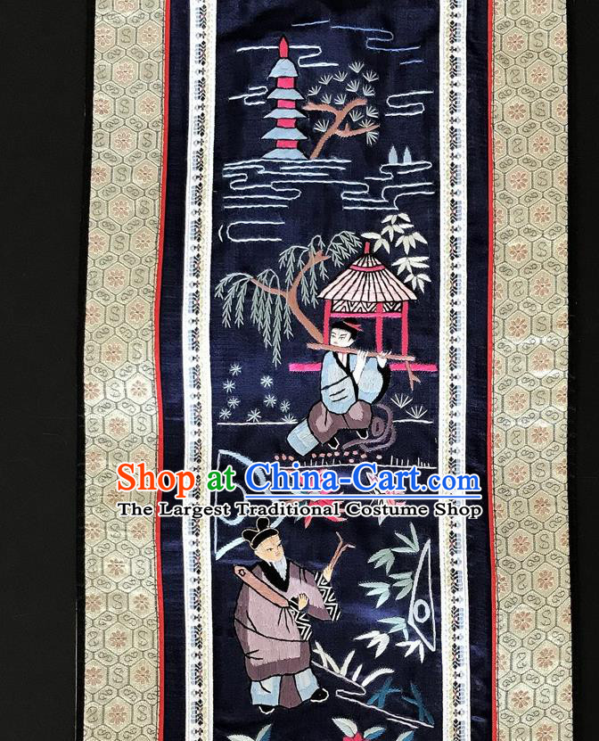 Chinese National Embroidered Eight Immortals Navy Silk Painting Traditional Handmade Embroidery Craft Folding Screen Decorative Picture