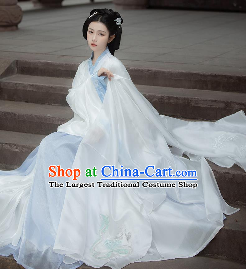 Chinese Jin Dynasty Noble Princess Costumes Traditional Ancient Goddess Hanfu Garment White Cloak Blouse and Skirt Full Set