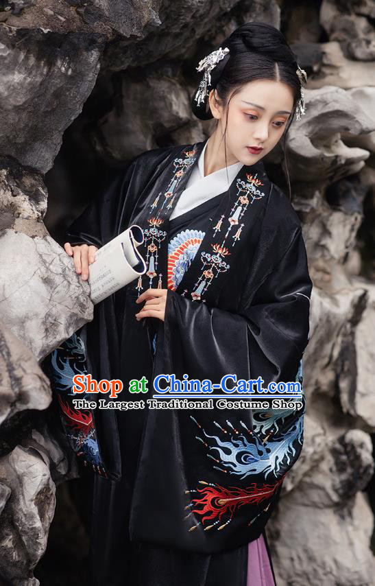 Chinese Ming Dynasty Empress Costumes Traditional Ancient Royal Queen Garment Hanfu Embroidered Black Cloak Blouse and Skirt Complete Set
