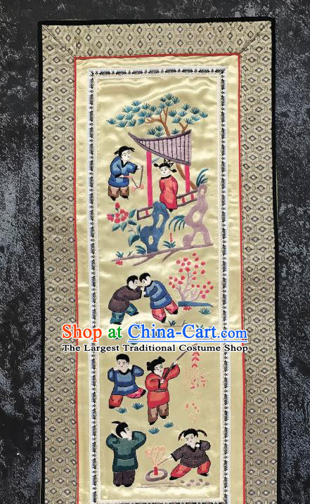 Chinese National Embroidered Boys Paintings Traditional Handmade Embroidery Decorative Light Yellow Silk Picture Craft