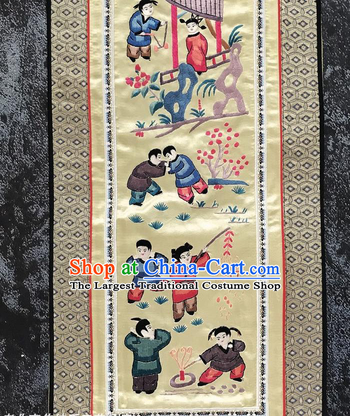 Chinese National Embroidered Boys Paintings Traditional Handmade Embroidery Decorative Light Yellow Silk Picture Craft