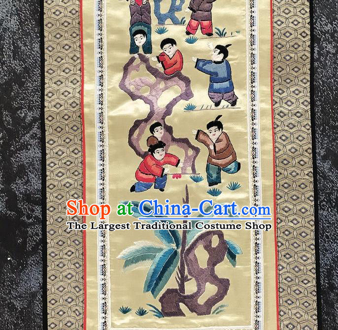 Chinese National Embroidered Boys Beige Silk Paintings Traditional Handmade Embroidery Decorative Picture Craft