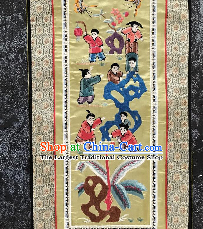 Chinese National Embroidered Boys Beige Silk Paintings Traditional Handmade Embroidery Decorative Picture Craft