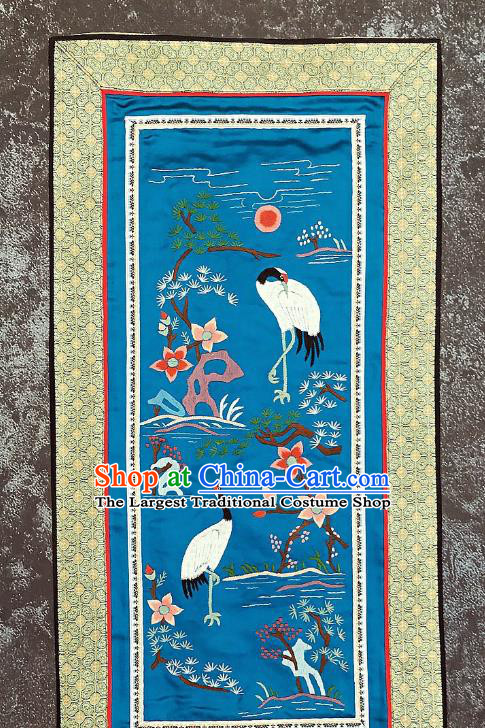 Chinese National Embroidered Pine Cranes Blue Silk Paintings Traditional Handmade Embroidery Decorative Picture Craft