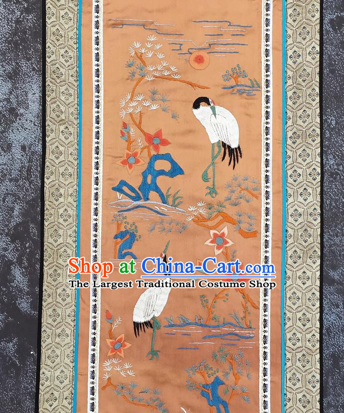 Chinese National Embroidered Pine Cranes Orange Silk Paintings Traditional Handmade Embroidery Decorative Picture Craft