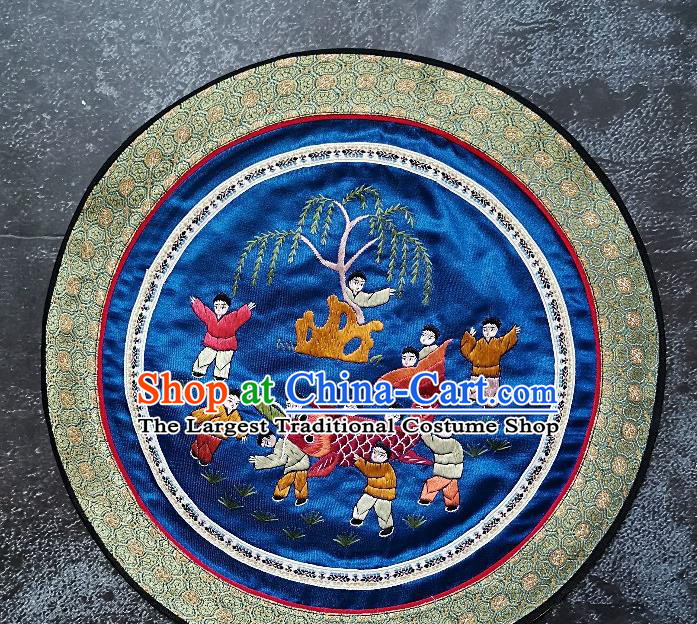 Traditional Chinese Embroidered Children Fish Fabric Hand Embroidering Dress Applique Embroidery Royalblue Silk Patches Accessories