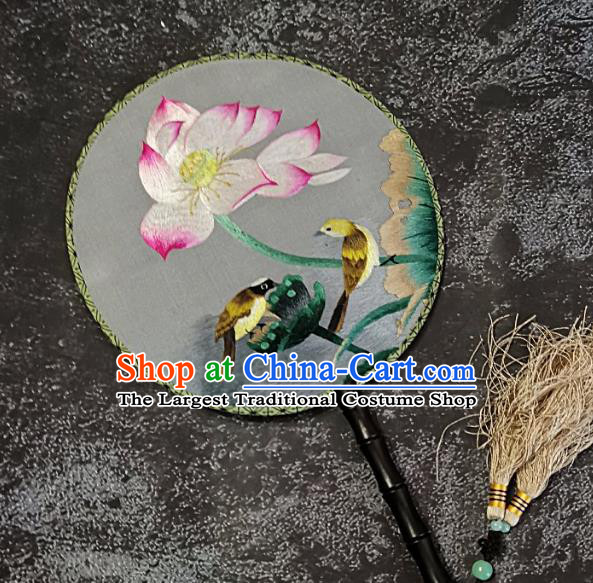 Chinese Traditional Embroidery Lotus Palace Fans Handmade Embroidered Round Fan Silk Craft