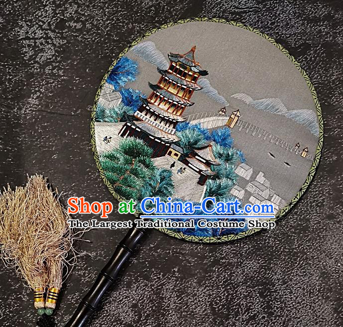 Chinese Traditional Double Sizes Embroidered Palace Fans Handmade Embroidery Leifeng Pagoda Round Fan Silk Fan Craft