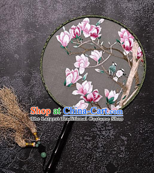 Chinese Traditional Embroidered Palace Fans Handmade Embroidery Pink Magnolia Round Fan Silk Fan Craft