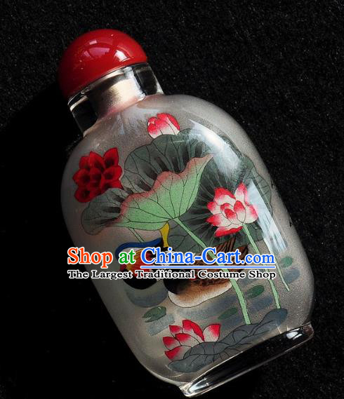 Chinese Handmade Snuff Bottle Traditional Inside Painting Mandarin Duck Lotus Snuff Bottles Artware