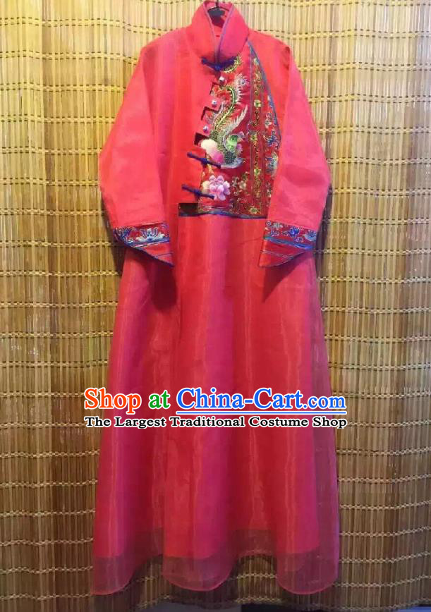 Traditional Chinese Embroidered Phoenix Rosy Organza Cheongsam National Costume Republic of China Stand Collar Qipao Dress for Women