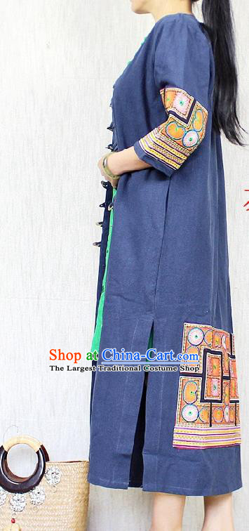 Traditional Chinese Embroidered Navy Flax Dust Coat National Costume Tang Suit Overcoat for Women