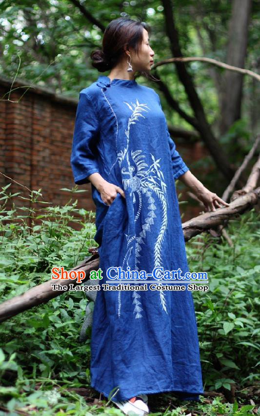 Traditional Chinese Hand Painting Phoenix Qipao Dress National Costume Tang Suit Blue Flax Cheongsam for Women
