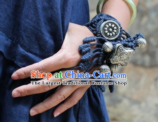 Chinese Handmade Miao Ethnic Sennit Accessories Traditional Minority Stage Show Silver Bracelet for Women