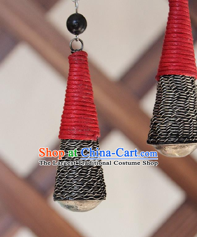 Chinese Handmade Miao Nationality Embroidered Red Earrings Traditional Minority Ethnic Jewelry Ear Accessories for Women