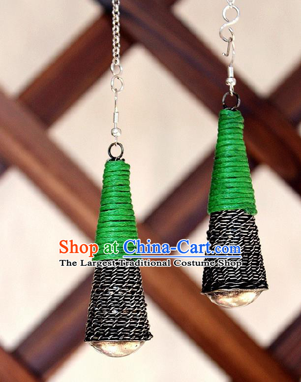 Chinese Handmade Miao Nationality Embroidered Green Earrings Traditional Minority Ethnic Jewelry Ear Accessories for Women