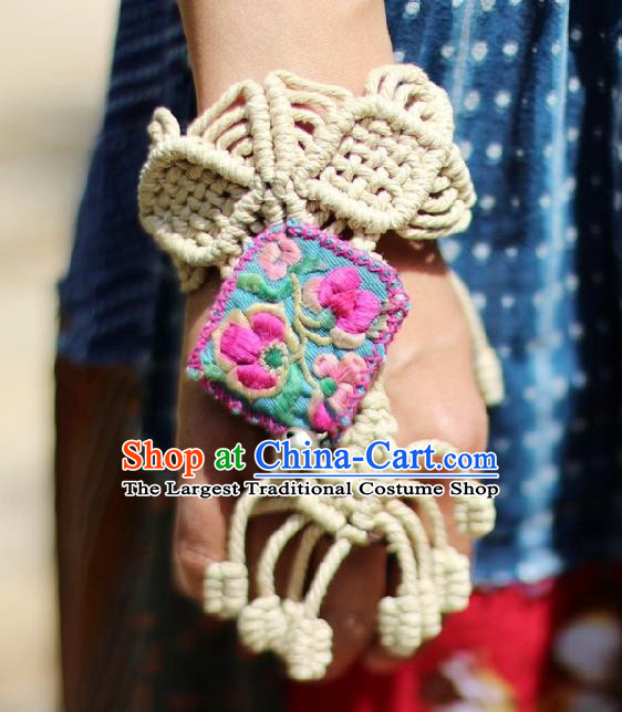 Chinese Handmade Miao Ethnic Embroidered Sennit Accessories Traditional Minority Stage Show Silver Bell Bracelet for Women