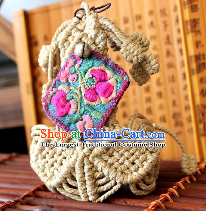 Chinese Handmade Miao Ethnic Embroidered Sennit Accessories Traditional Minority Stage Show Silver Bell Bracelet for Women