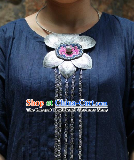 Chinese Handmade Miao Nationality Silver Tassel Necklace Traditional Minority Ethnic Embroidered Necklet Accessories for Women