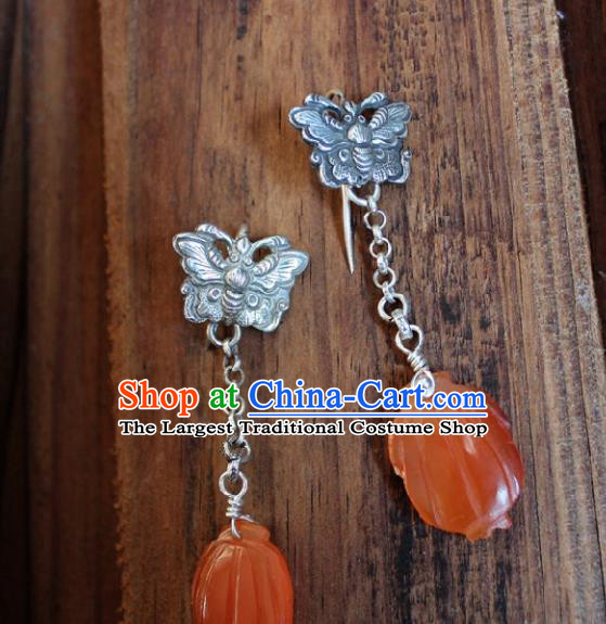 Chinese Handmade Silver Carving Butterfly Ear Accessories Traditional Ethnic Pumpkin Earrings for Women
