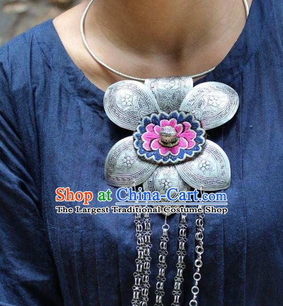 Chinese Handmade Miao Nationality Silver Tassel Necklace Traditional Minority Ethnic Embroidered Necklet Accessories for Women