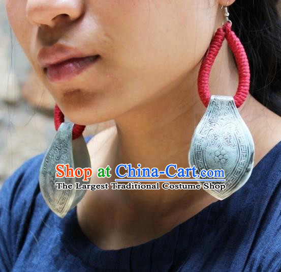 Chinese Handmade Miao Nationality Silver Carving Earrings Traditional Minority Ethnic Ear Accessories for Women