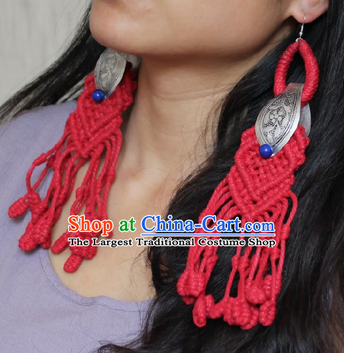 Chinese Handmade Miao Nationality Silver Carving Earrings Traditional Minority Ethnic Red Sennit Ear Accessories for Women