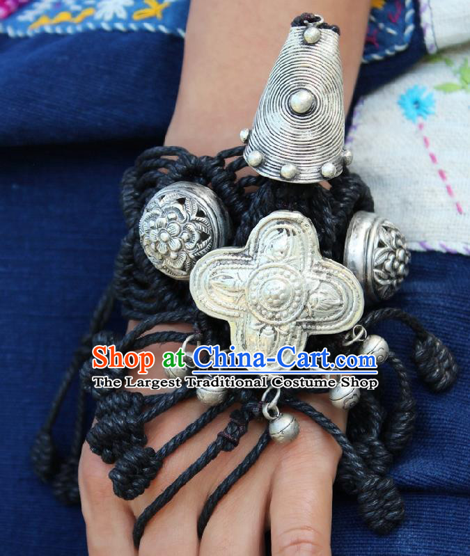 Chinese Handmade Miao Ethnic Silver Bells Wristband Accessories Traditional Minority Black Sennit Bracelet Bangle for Women