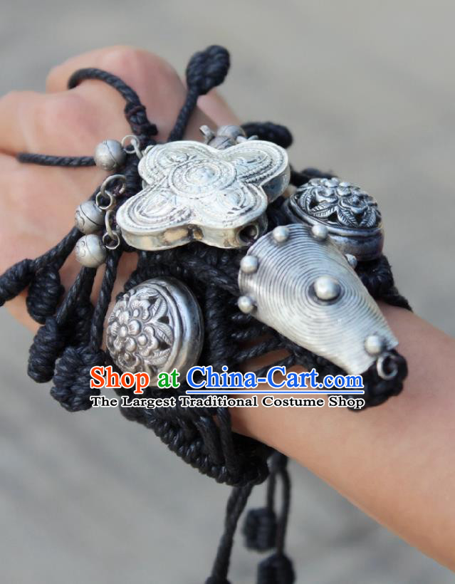 Chinese Handmade Miao Ethnic Silver Bells Wristband Accessories Traditional Minority Black Sennit Bracelet Bangle for Women