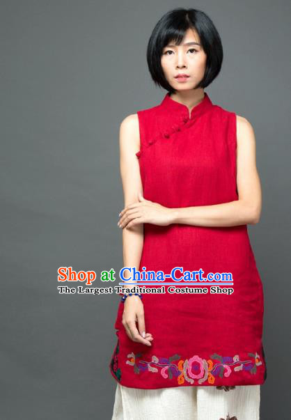 Traditional Chinese Red Flax Short Qipao Dress National Costume Tang Suit Plated Buttons Cheongsam Garment for Women
