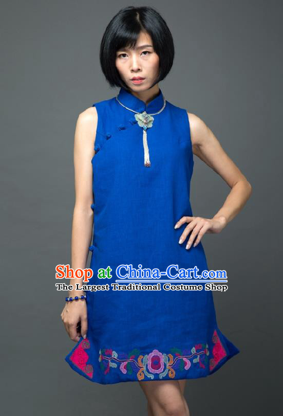 Traditional Chinese Blue Flax Qipao Dress National Costume Tang Suit Plated Buttons Cheongsam Garment for Women