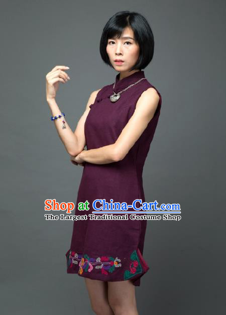 Traditional Chinese Purple Flax Short Qipao Dress National Costume Tang Suit Plated Buttons Cheongsam Garment for Women