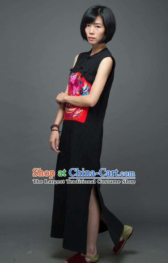 Traditional Chinese Embroidered Peony Birds Black Qipao Dress National Costume Tang Suit Sleeveless Cheongsam Garment for Women