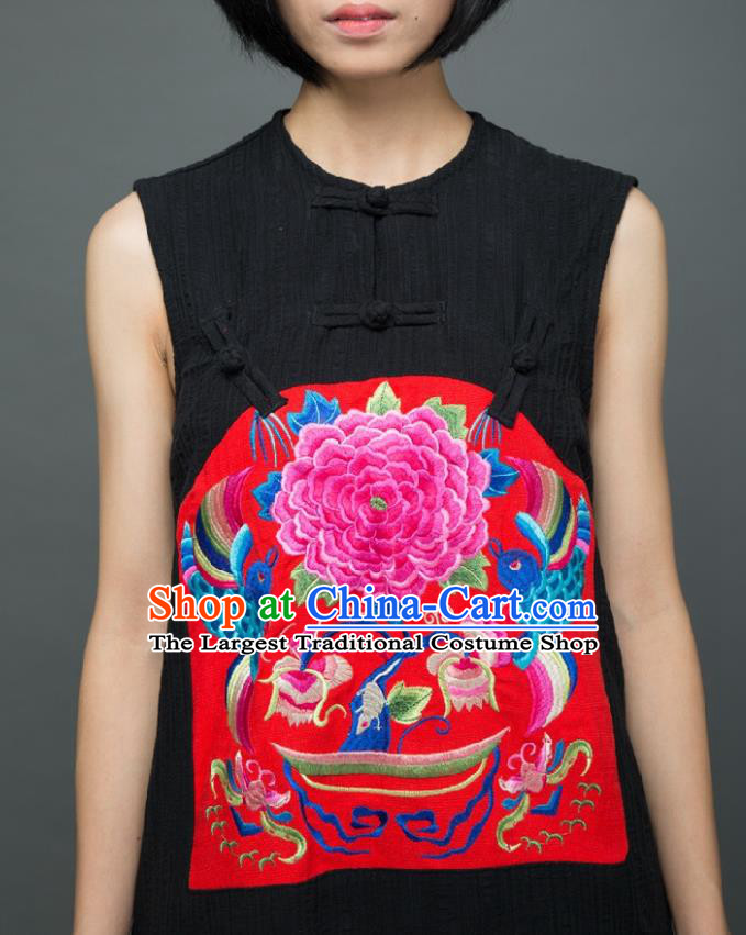 Traditional Chinese Embroidered Peony Birds Black Qipao Dress National Costume Tang Suit Sleeveless Cheongsam Garment for Women