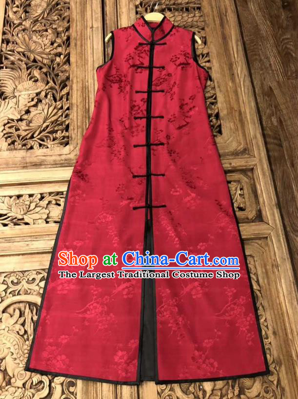 Traditional Chinese Red Silk Long Vest National Costume Republic of China Stand Collar Dress for Women
