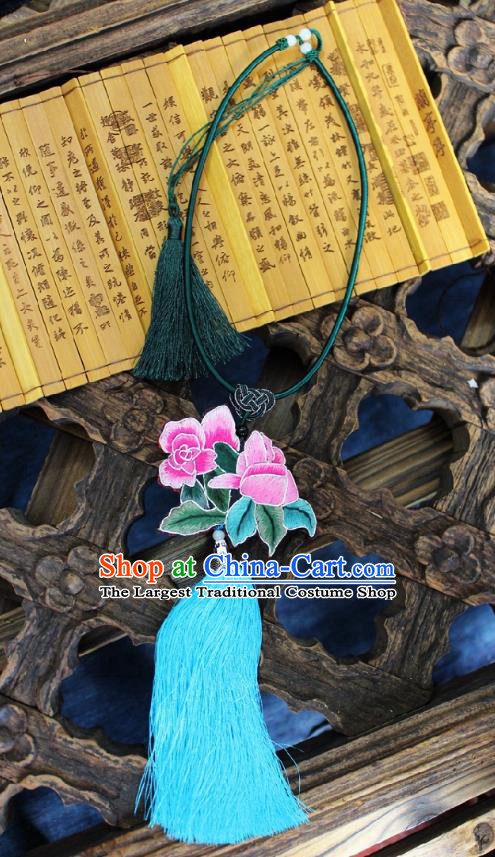 Chinese Handmade Miao Nationality Embroidered Roses Necklet Accessories Traditional Minority Ethnic Blue Tassel Necklace for Women