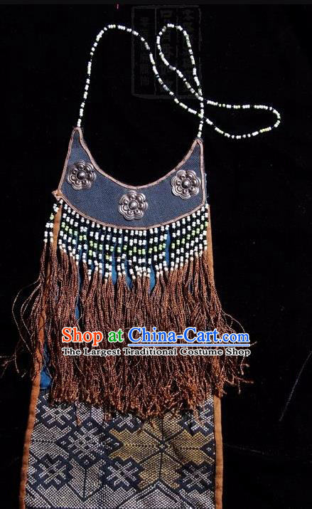 Chinese Handmade Miao Ethnic Embroidered Necklet Collar Accessories Traditional Minority Brown Tassel Necklace for Women