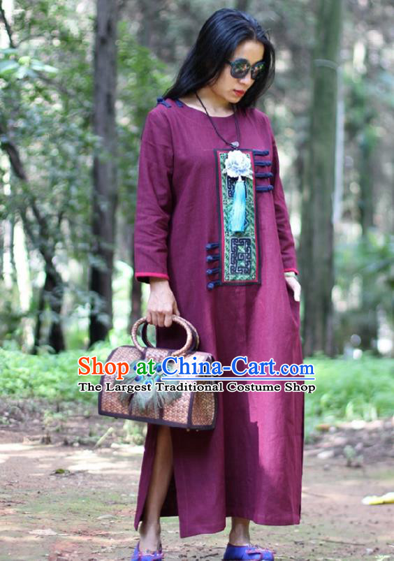 Traditional Chinese Embroidered Wine Red Dress National Costume Tang Suit Gown Garment Cheongsam for Women