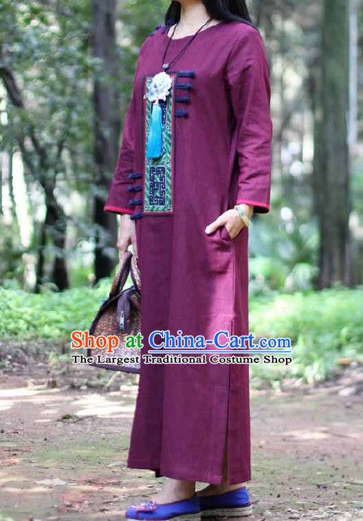 Traditional Chinese Embroidered Wine Red Dress National Costume Tang Suit Gown Garment Cheongsam for Women