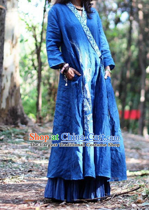 Traditional Chinese Hand Painting Phoenix Blue Coat National Costume Tang Suit Batik Garment Slant Opening Overcoat for Women