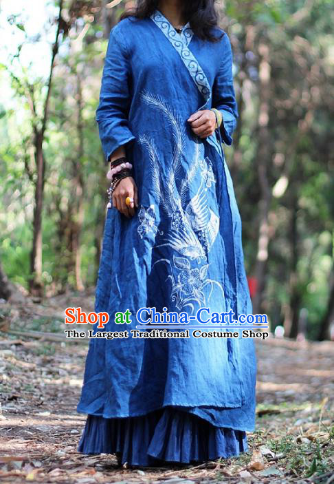 Traditional Chinese Hand Painting Phoenix Blue Coat National Costume Tang Suit Batik Garment Slant Opening Overcoat for Women