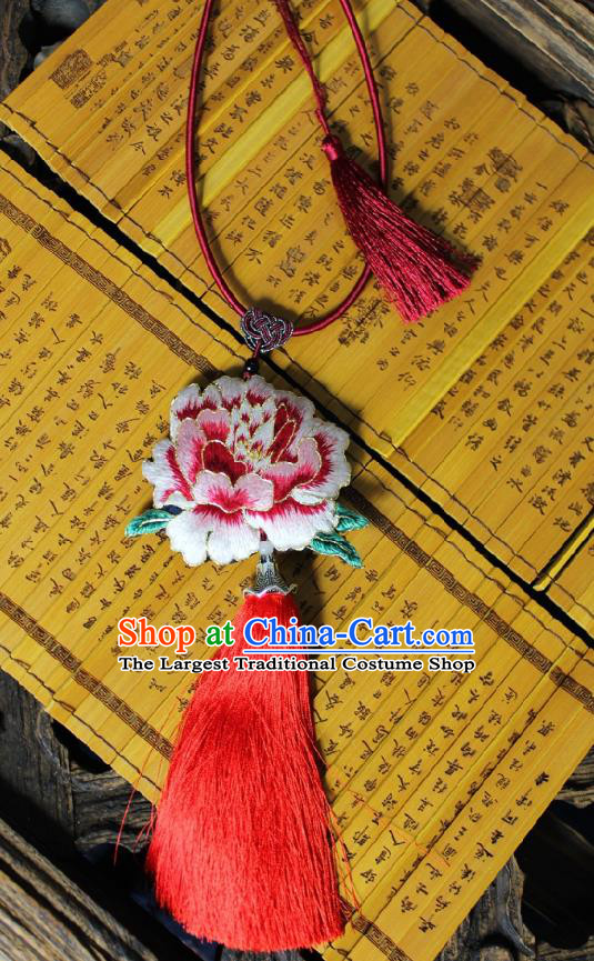 Chinese Handmade Miao Nationality Embroidered Pink Peony Necklet Accessories Traditional Minority Ethnic Tassel Necklace for Women