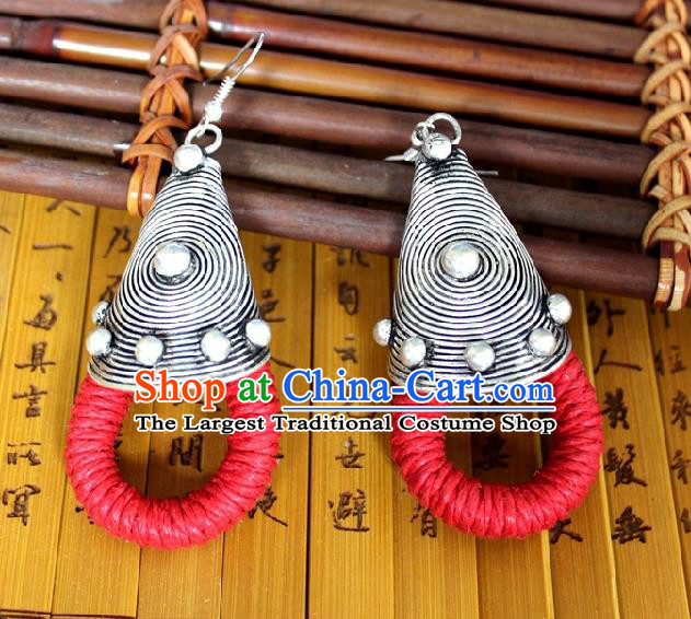 Chinese Handmade Miao Nationality Red Sennit Ear Accessories Traditional Minority Ethnic Silver Earrings for Women