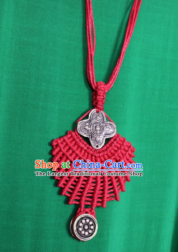 Chinese Handmade Miao Nationality Red Sennit Accessories Traditional Minority Ethnic Silver Carving Necklace for Women