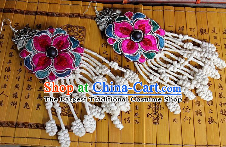 Chinese Handmade Miao Nationality Embroidered Flower Earrings Traditional Minority Ethnic Sennit Tassel Ear Accessories for Women